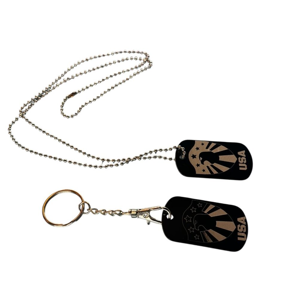 USA Patriotic Eagle Dog Tag Necklace and Keychain Set, Military Style Black Meta